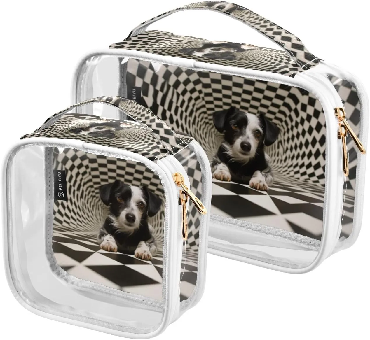 GAIGEO Black White Square Swirl Puppy 2 Pack Clear Makeup Bag Set, Skincare Travel Bag, Clear Travel Bags for Air Travel