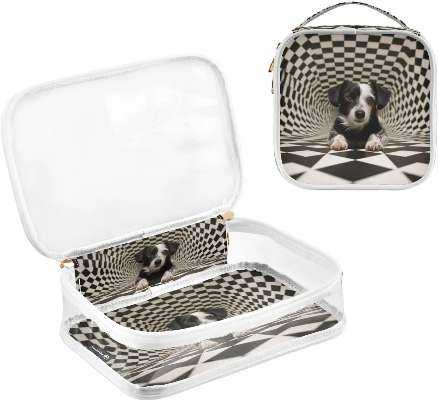 GAIGEO Black White Square Swirl Puppy 2 Pack Clear Makeup Bag Set, Skincare Travel Bag, Clear Travel Bags for Air Travel