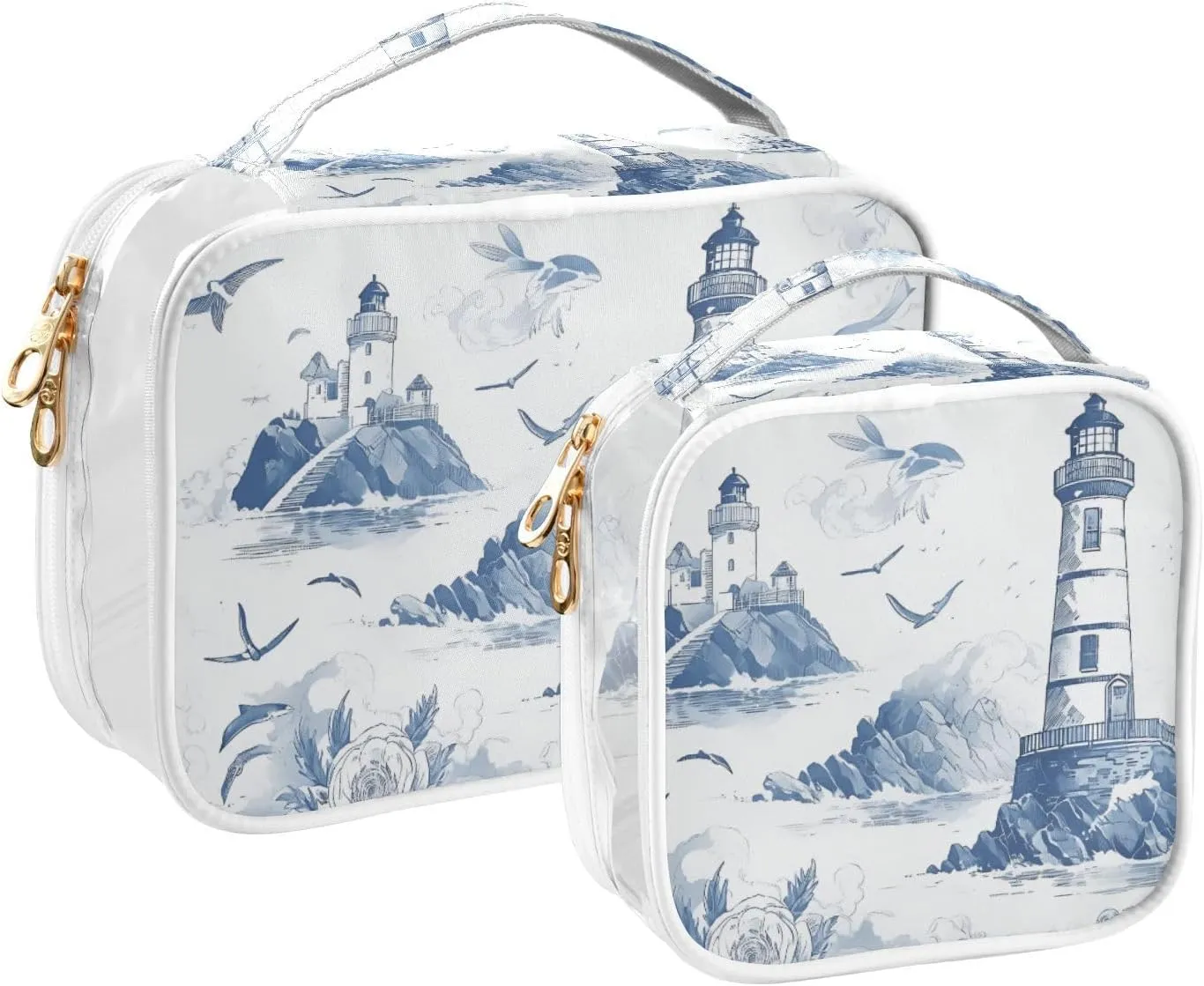 GAIGEO Blue and White Retro Nautical Theme 2 Pack Clear Cosmetic Bag Set, Clear Travel Toiletry Bag, Organizer Bag for Travel