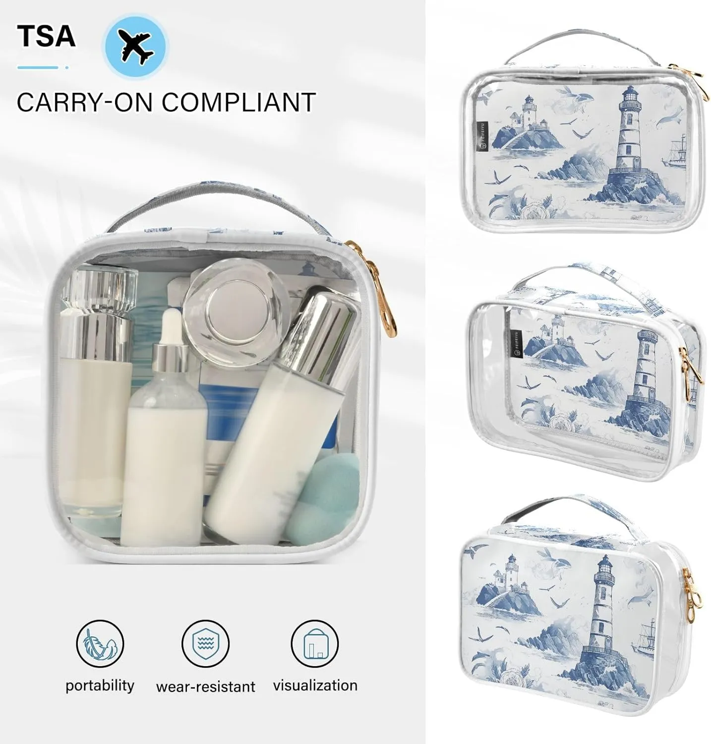 GAIGEO Blue and White Retro Nautical Theme 2 Pack Clear Cosmetic Bag Set, Clear Travel Toiletry Bag, Organizer Bag for Travel