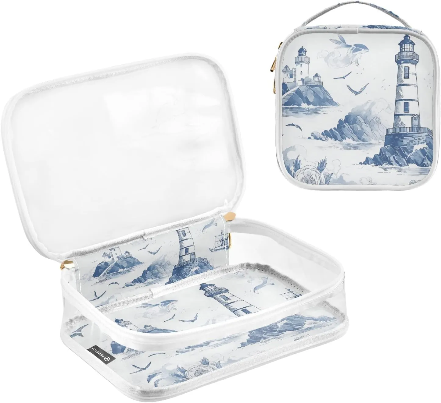 GAIGEO Blue and White Retro Nautical Theme 2 Pack Clear Cosmetic Bag Set, Clear Travel Toiletry Bag, Organizer Bag for Travel