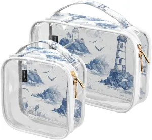 GAIGEO Blue and White Retro Nautical Theme 2 Pack Clear Cosmetic Bag Set, Clear Travel Toiletry Bag, Organizer Bag for Travel