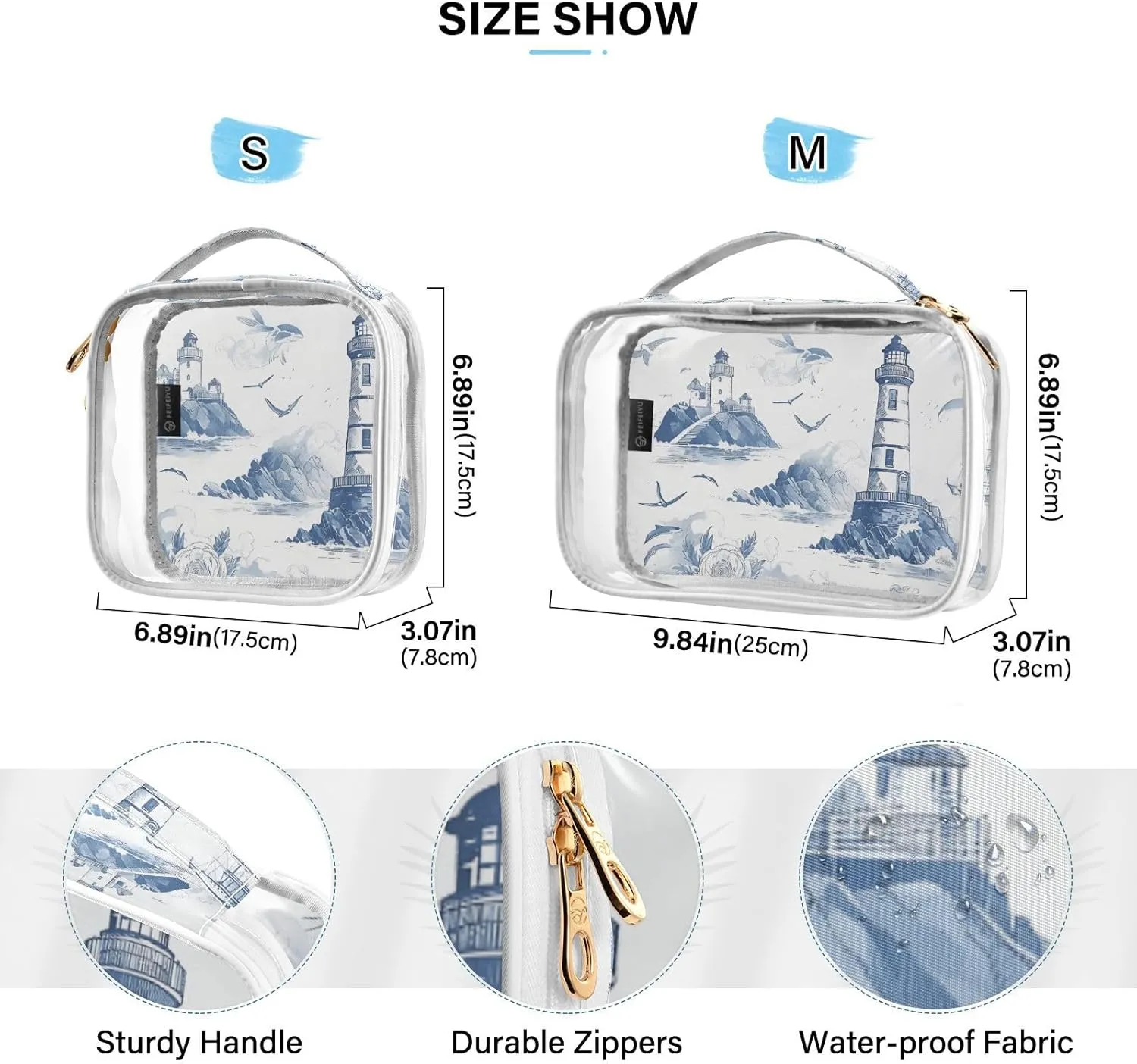 GAIGEO Blue and White Retro Nautical Theme 2 Pack Clear Cosmetic Bag Set, Clear Travel Toiletry Bag, Organizer Bag for Travel