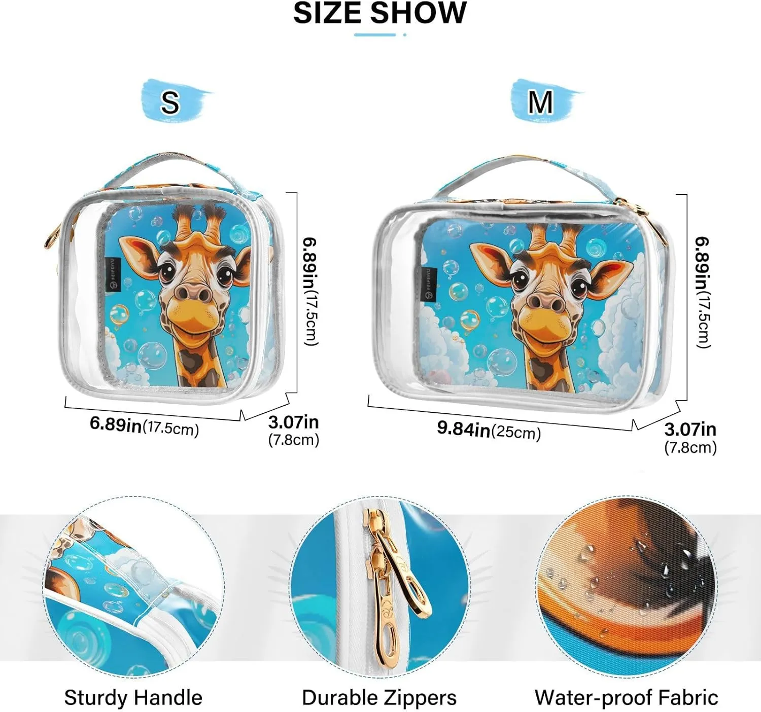 GAIGEO Cartoon Giraffe with Bubbles 2 Pack Clear Toiletry Bag Set, Travel Clear Bag Tsa Approved, Storage Bag for Travel