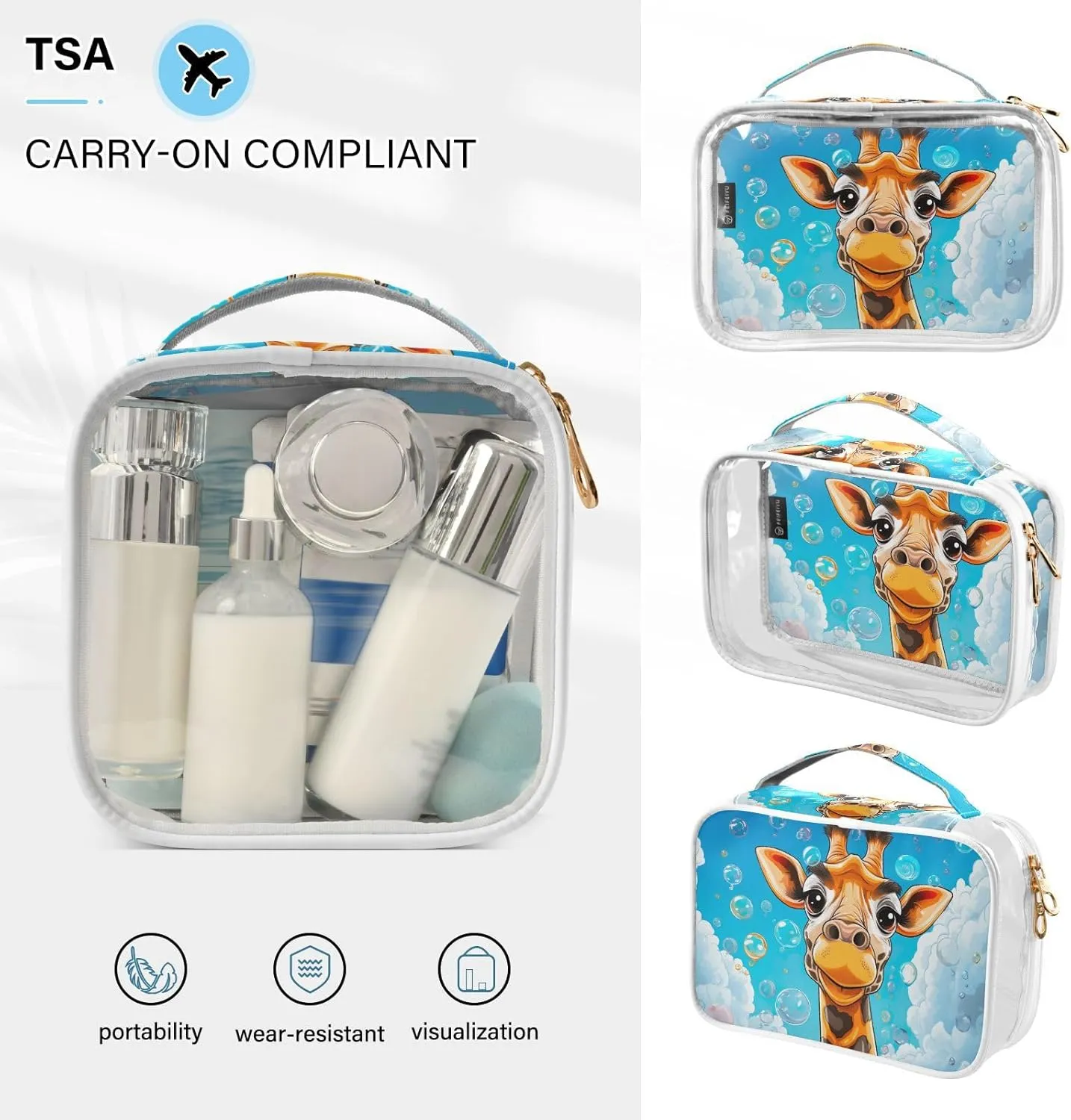 GAIGEO Cartoon Giraffe with Bubbles 2 Pack Clear Toiletry Bag Set, Travel Clear Bag Tsa Approved, Storage Bag for Travel