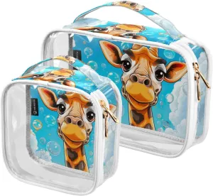 GAIGEO Cartoon Giraffe with Bubbles 2 Pack Clear Toiletry Bag Set, Travel Clear Bag Tsa Approved, Storage Bag for Travel