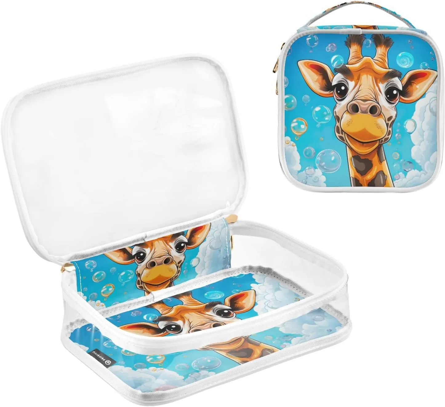 GAIGEO Cartoon Giraffe with Bubbles 2 Pack Clear Toiletry Bag Set, Travel Clear Bag Tsa Approved, Storage Bag for Travel