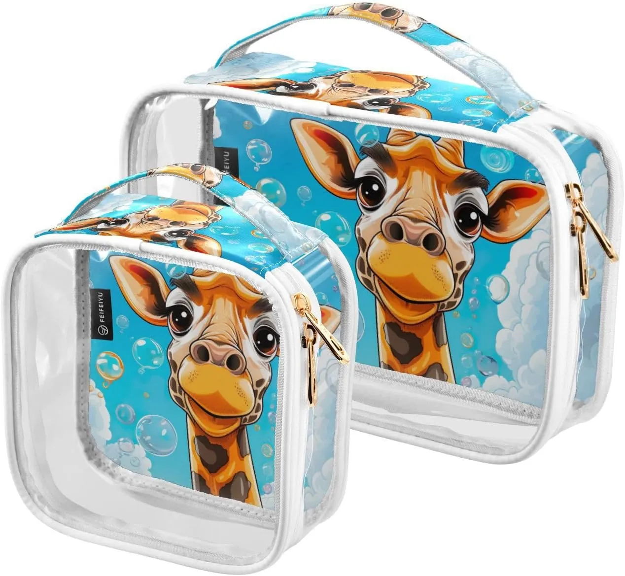 GAIGEO Cartoon Giraffe with Bubbles 2 Pack Clear Toiletry Bag Set, Travel Clear Bag Tsa Approved, Storage Bag for Travel