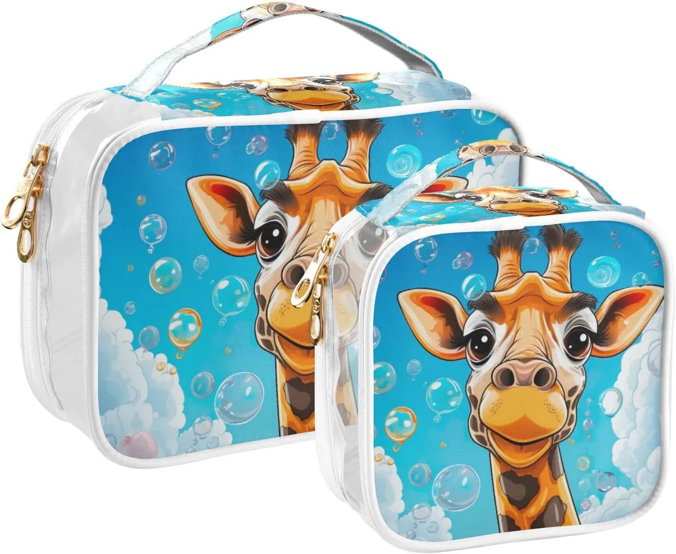GAIGEO Cartoon Giraffe with Bubbles 2 Pack Clear Toiletry Bag Set, Travel Clear Bag Tsa Approved, Storage Bag for Travel