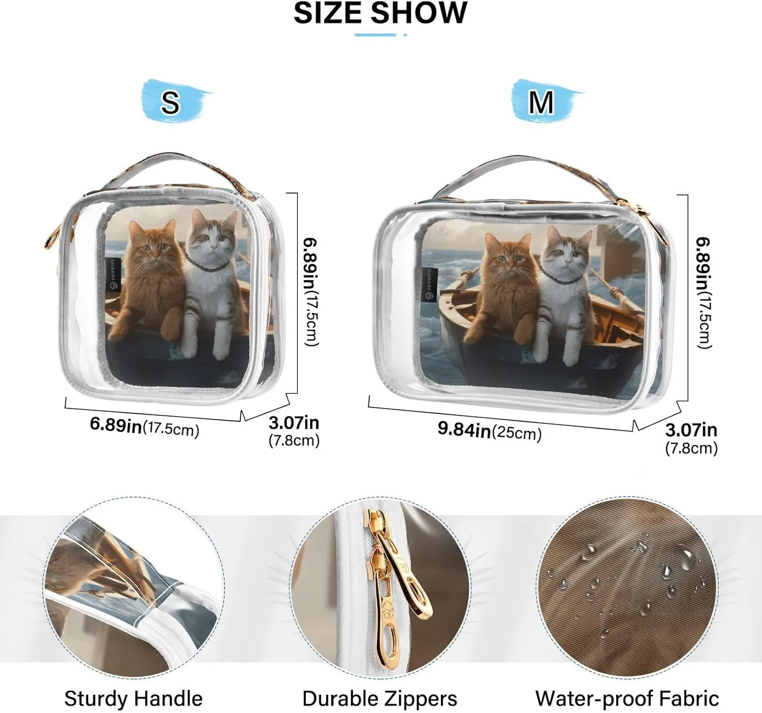 GAIGEO Cats on Board a Sailing Glacier Clear Zippered Bag with Handles, Clear Toiletries Bag for Travel, Womans Travel Toiletry Bag, 2 Pack