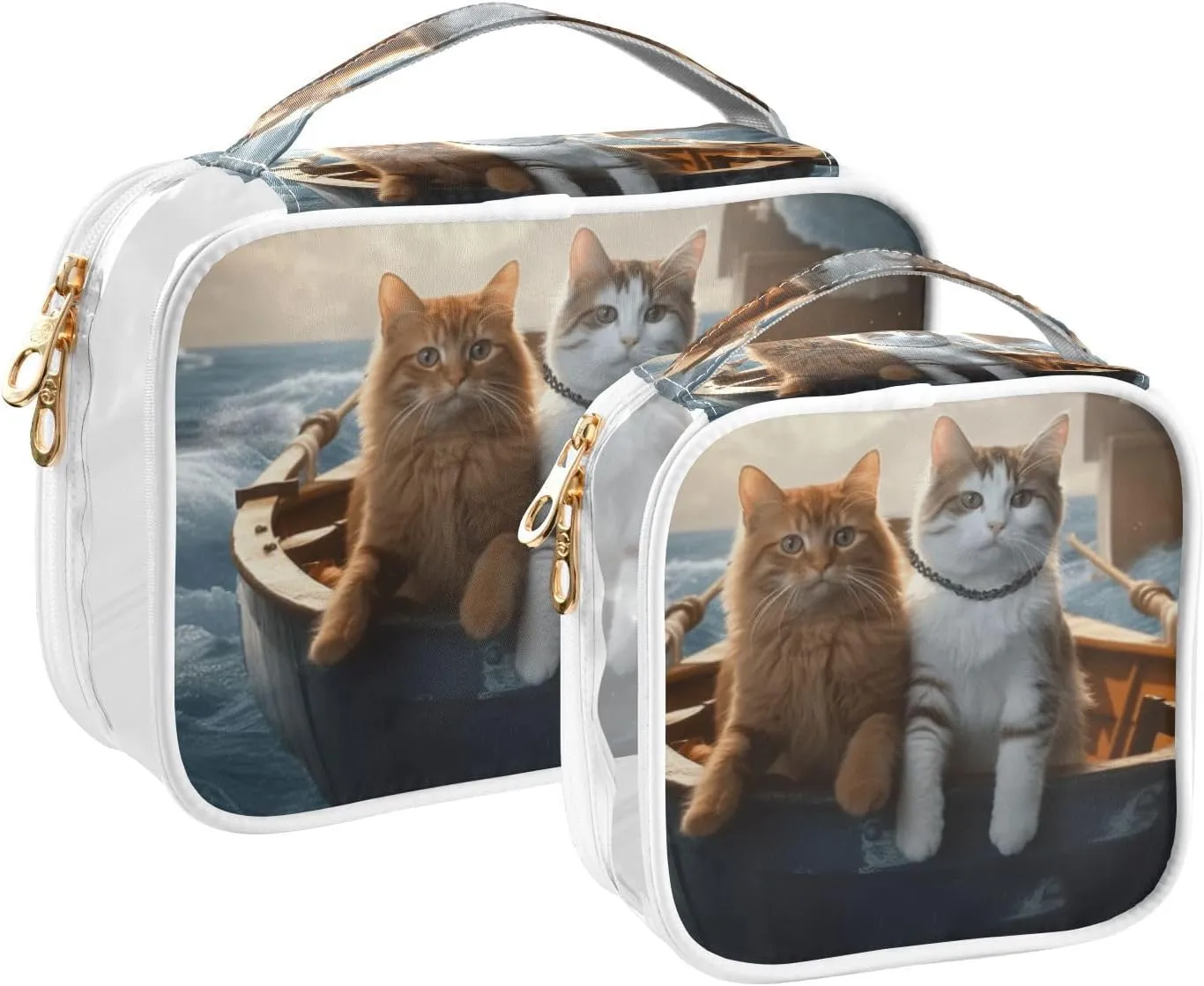 GAIGEO Cats on Board a Sailing Glacier Clear Zippered Bag with Handles, Clear Toiletries Bag for Travel, Womans Travel Toiletry Bag, 2 Pack