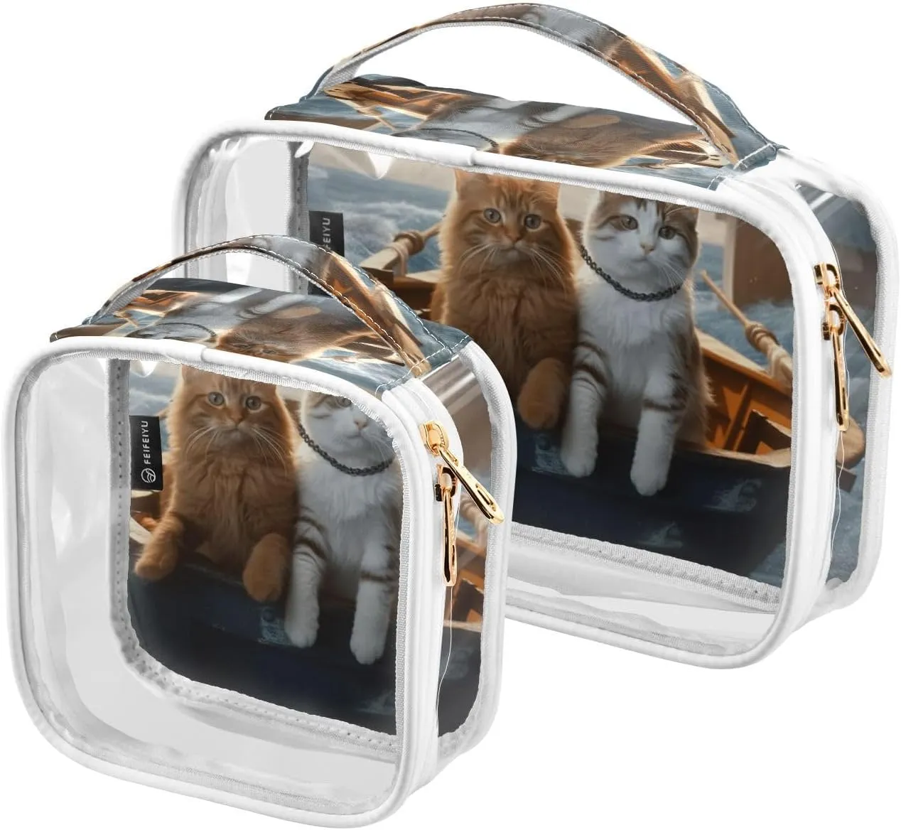 GAIGEO Cats on Board a Sailing Glacier Clear Zippered Bag with Handles, Clear Toiletries Bag for Travel, Womans Travel Toiletry Bag, 2 Pack