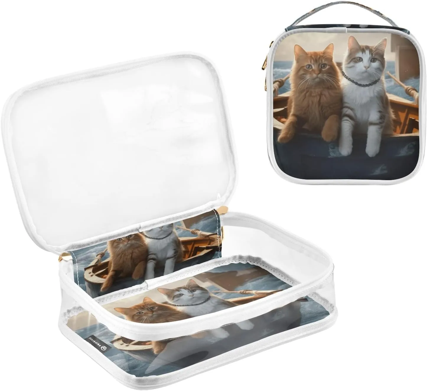 GAIGEO Cats on Board a Sailing Glacier Clear Zippered Bag with Handles, Clear Toiletries Bag for Travel, Womans Travel Toiletry Bag, 2 Pack