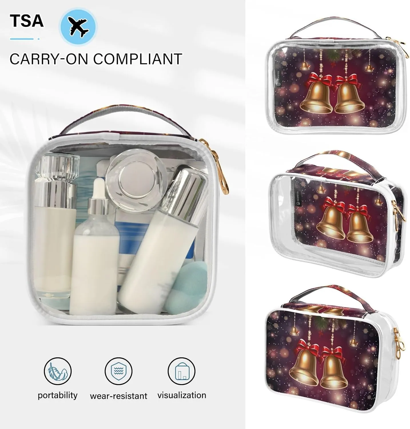 GAIGEO Christmas with Merry Bells and Lights Clear Makeup Bag Set, Travel Liquid Bag, Cosmetic Travel Accessories, 2 Pack
