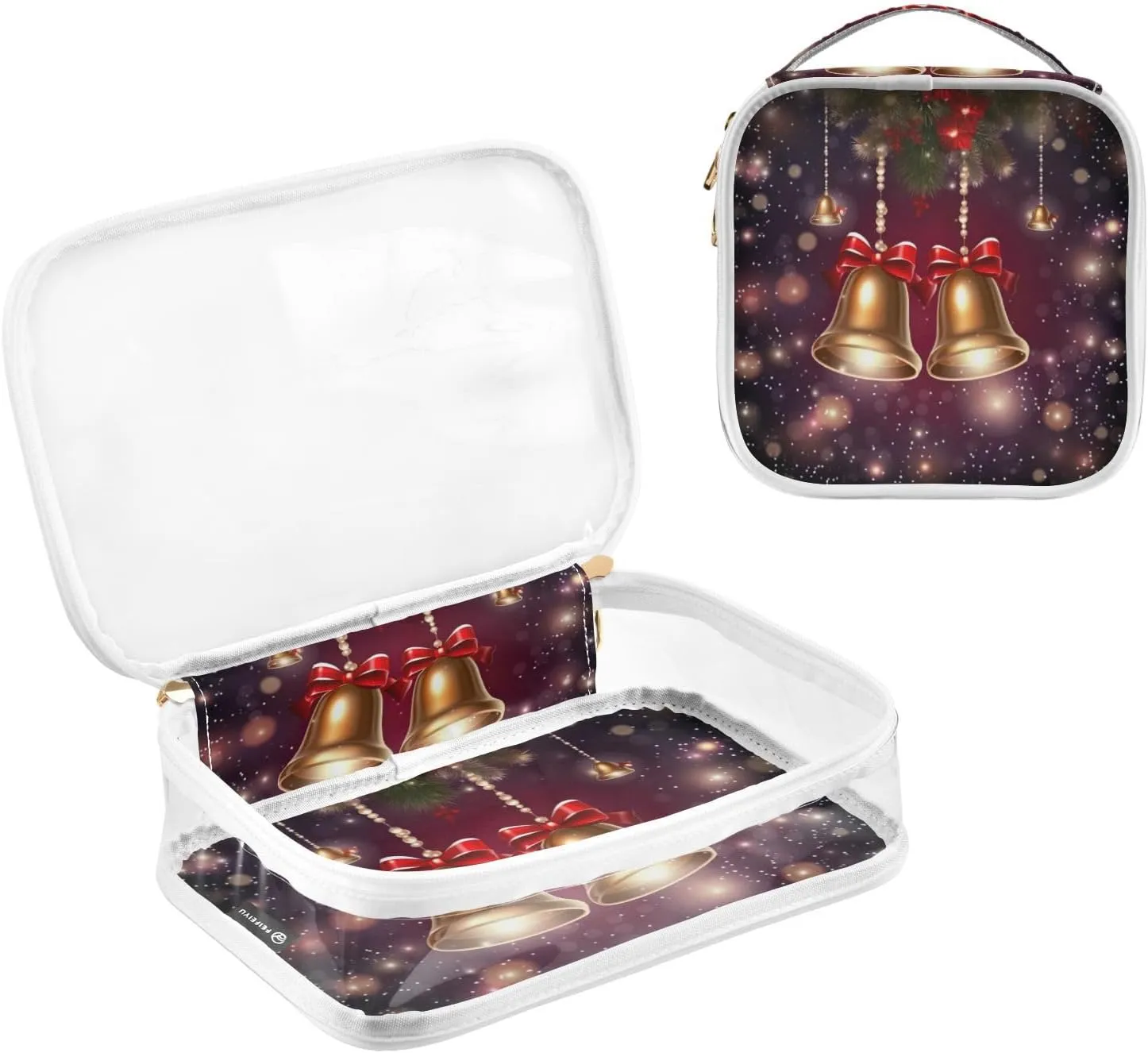 GAIGEO Christmas with Merry Bells and Lights Clear Makeup Bag Set, Travel Liquid Bag, Cosmetic Travel Accessories, 2 Pack