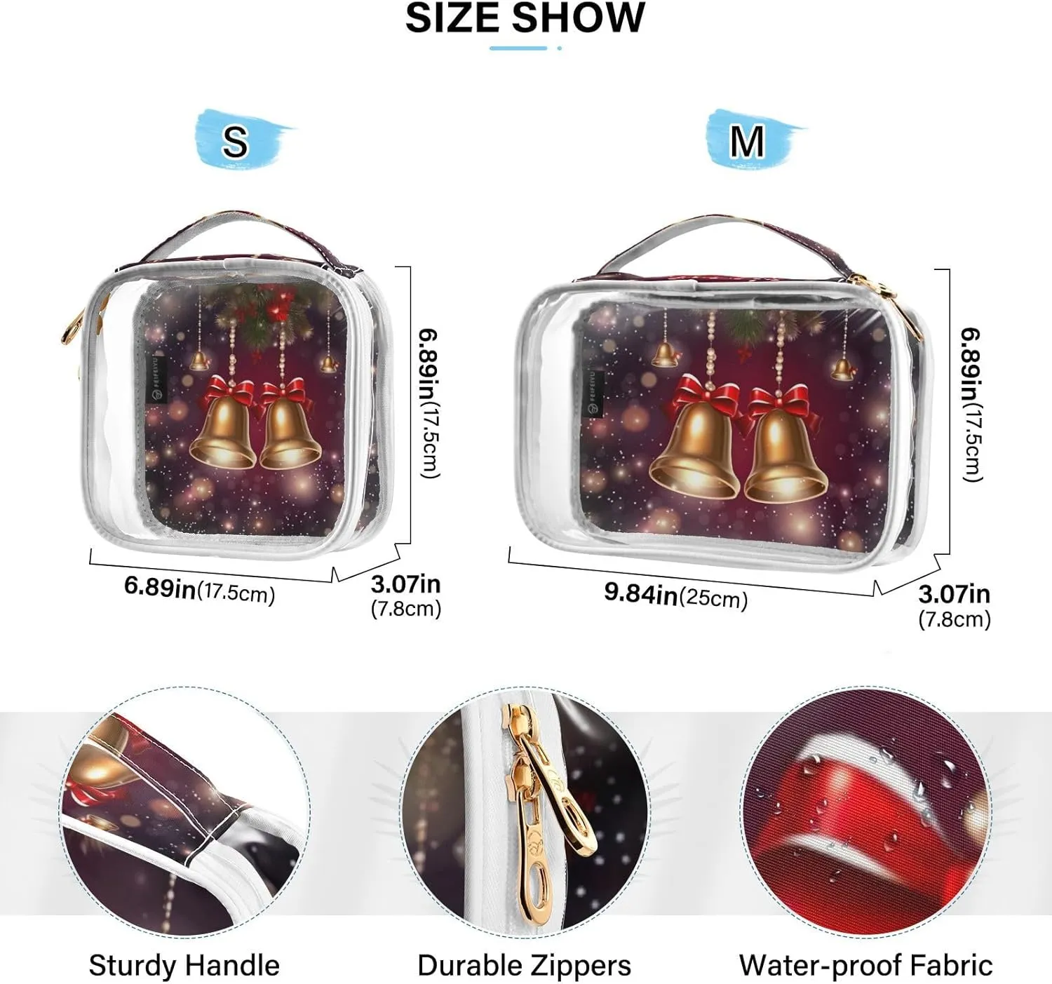 GAIGEO Christmas with Merry Bells and Lights Clear Makeup Bag Set, Travel Liquid Bag, Cosmetic Travel Accessories, 2 Pack