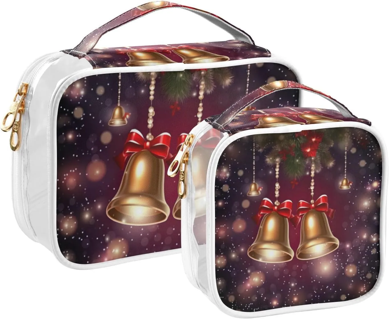 GAIGEO Christmas with Merry Bells and Lights Clear Makeup Bag Set, Travel Liquid Bag, Cosmetic Travel Accessories, 2 Pack