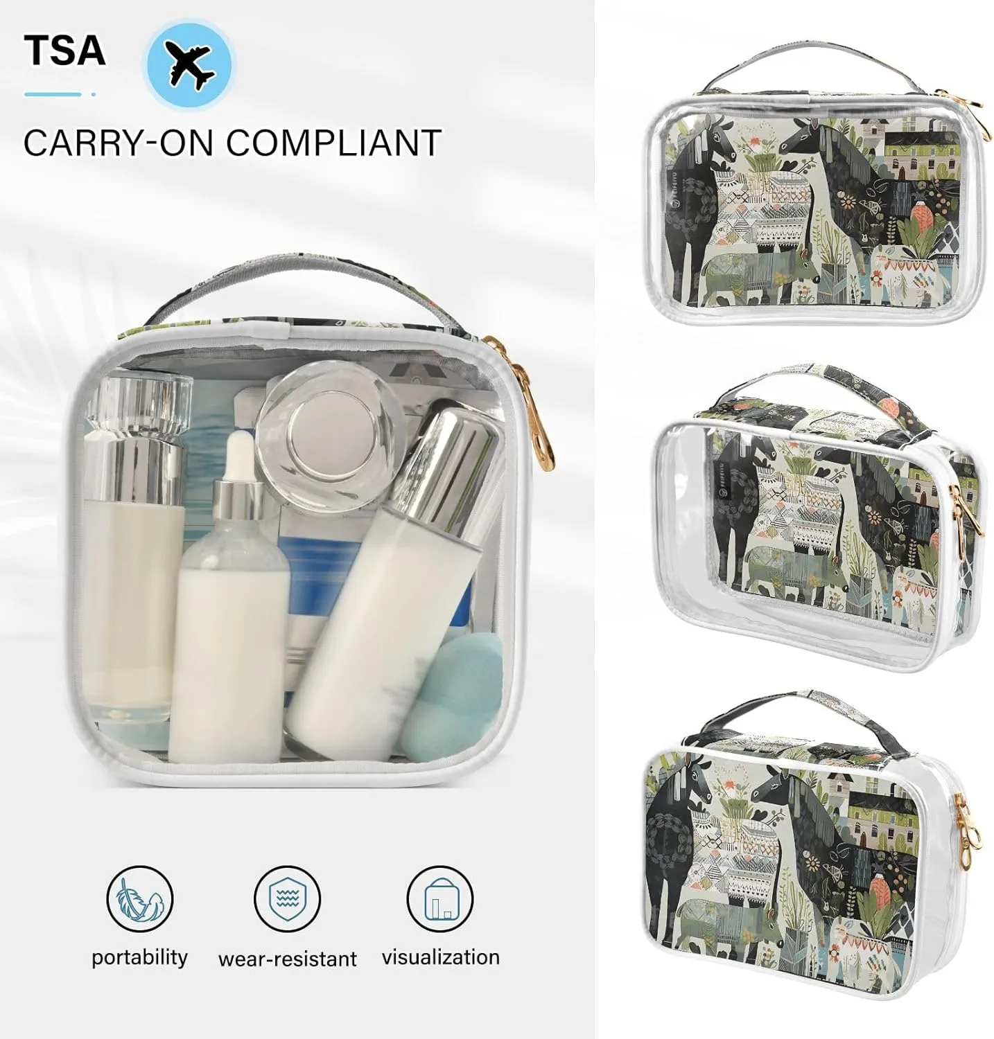GAIGEO Collage Teal Green Plant Sheep Animals 2 Pack Clear Makeup Bag Set, Clear Tsa Travel Bag, Hair Product Travel Bag