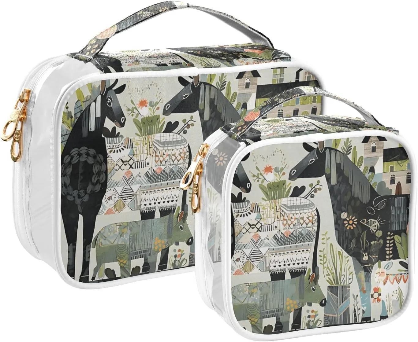 GAIGEO Collage Teal Green Plant Sheep Animals 2 Pack Clear Makeup Bag Set, Clear Tsa Travel Bag, Hair Product Travel Bag