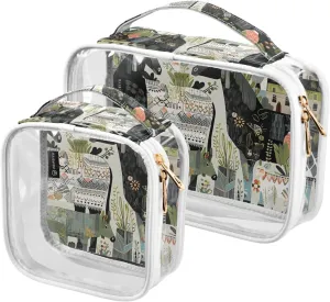 GAIGEO Collage Teal Green Plant Sheep Animals 2 Pack Clear Makeup Bag Set, Clear Tsa Travel Bag, Hair Product Travel Bag