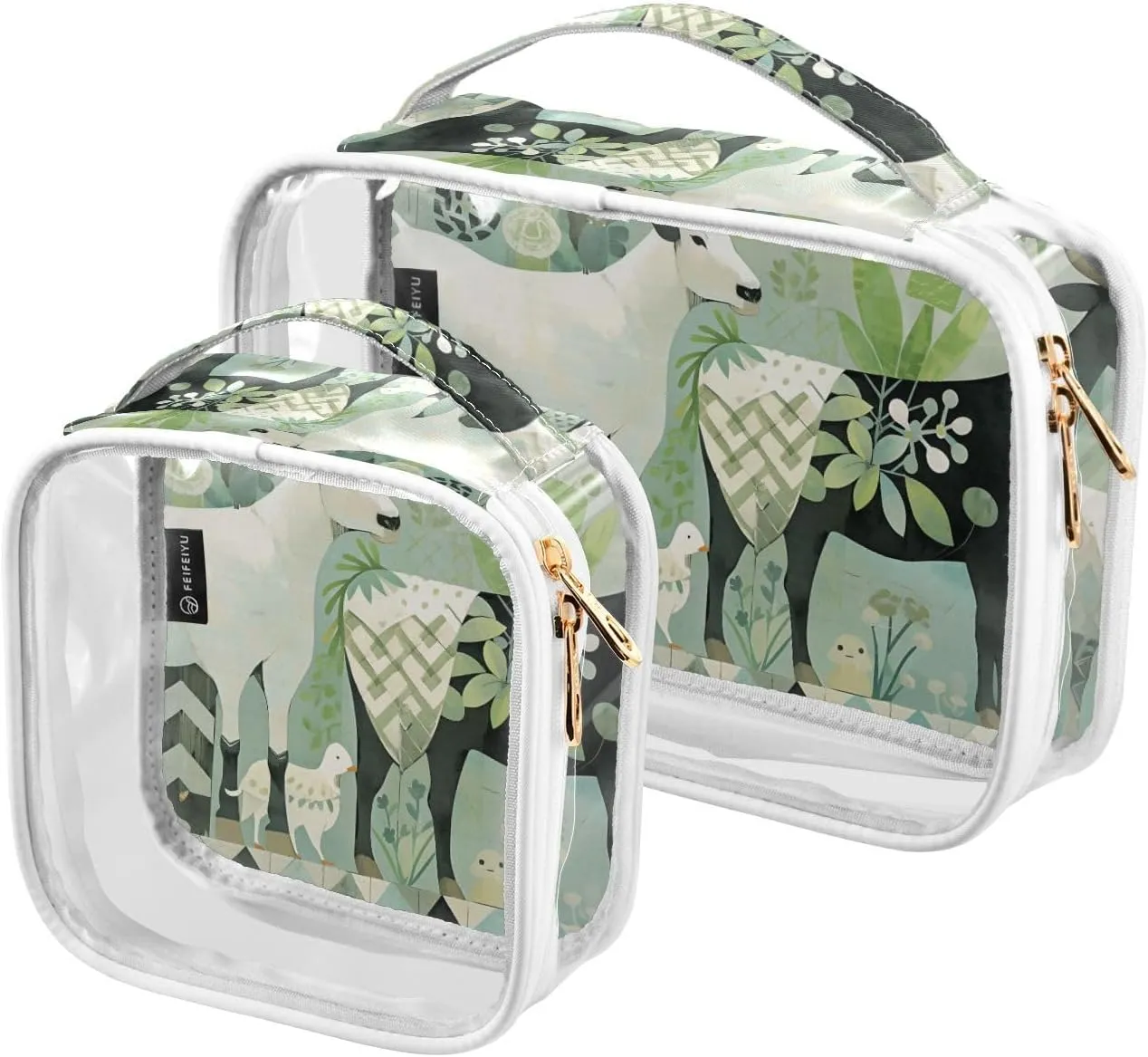 GAIGEO Collage Teal Plant Theme Sheep and Animals Travel Transparent Bag, Makeup Bag Plastic, Cosmetic Travel Accessories, 2 Pack