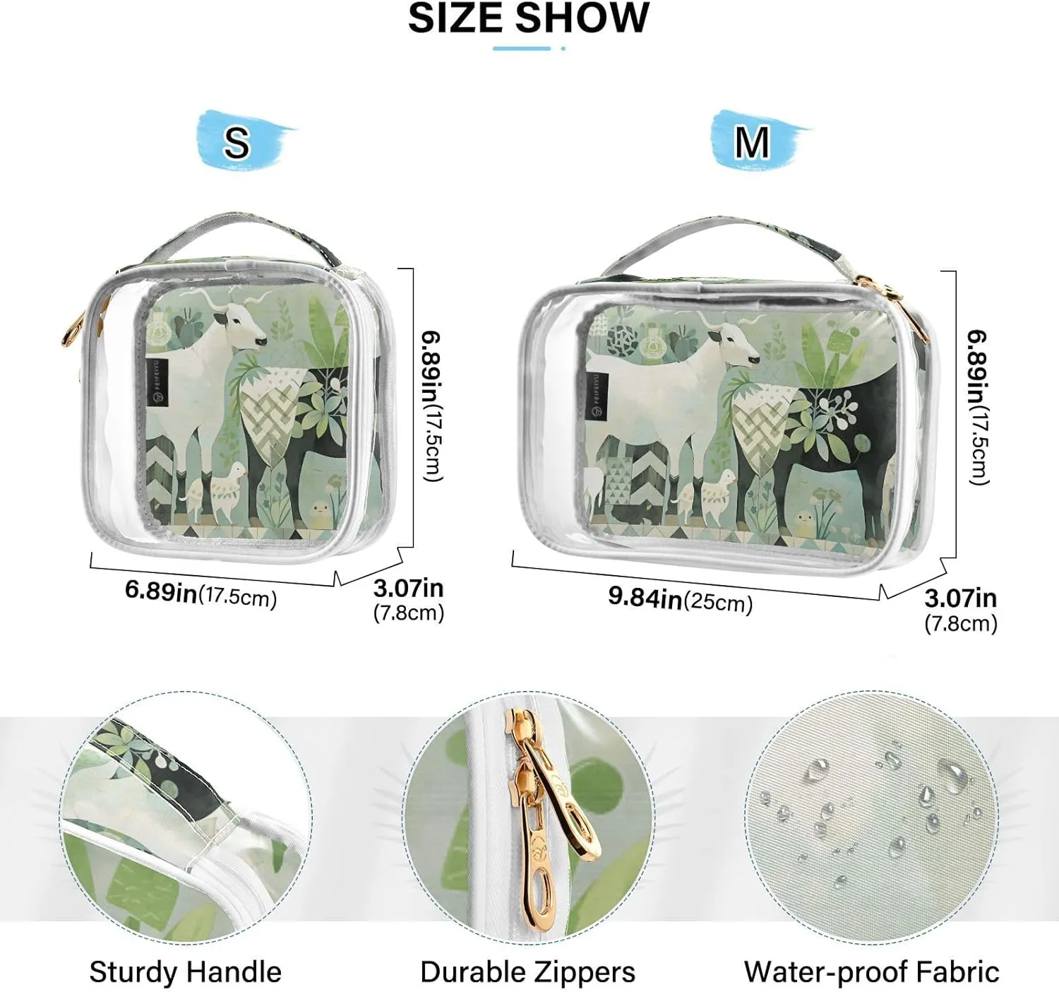 GAIGEO Collage Teal Plant Theme Sheep and Animals Travel Transparent Bag, Makeup Bag Plastic, Cosmetic Travel Accessories, 2 Pack
