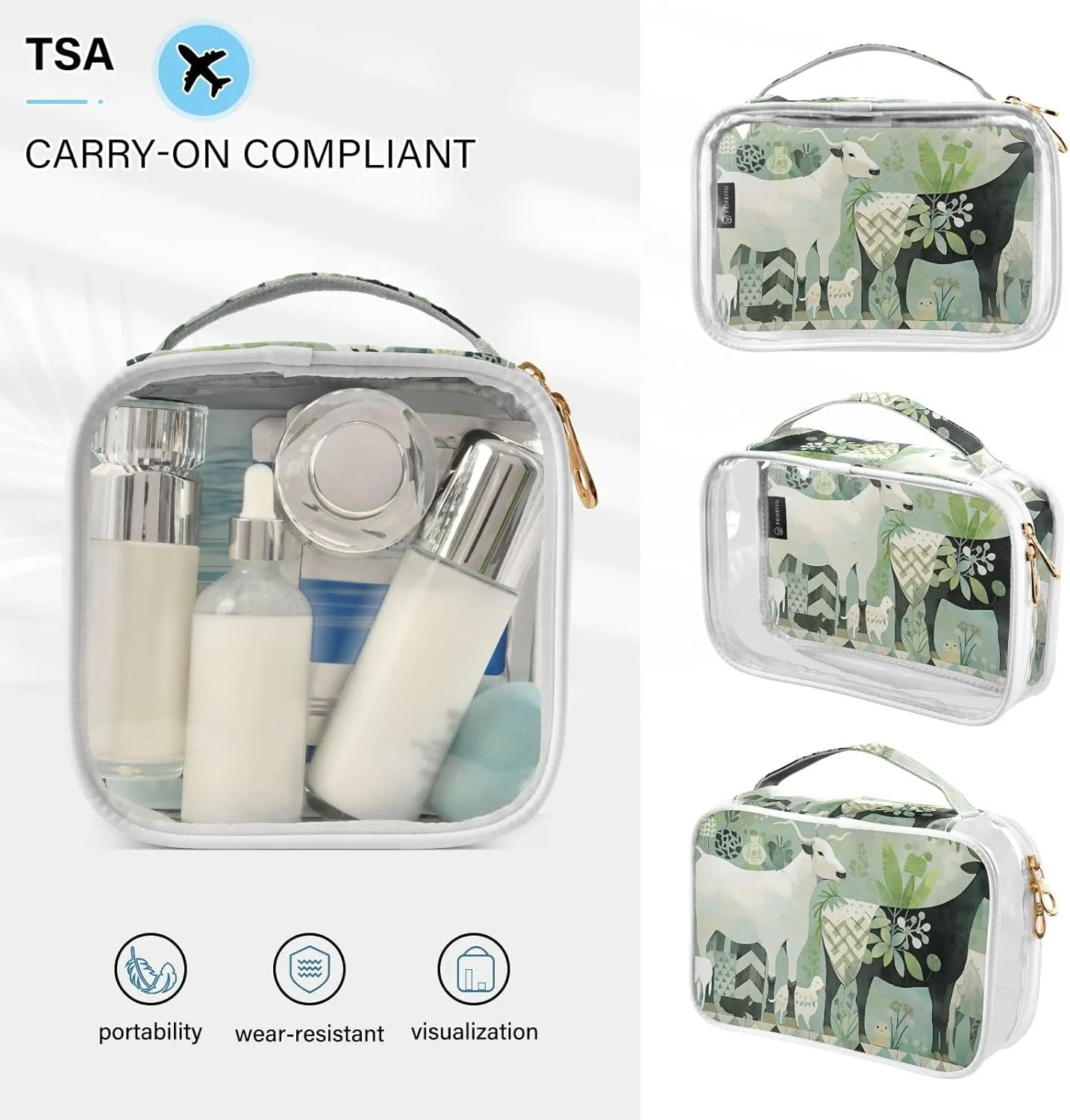 GAIGEO Collage Teal Plant Theme Sheep and Animals Travel Transparent Bag, Makeup Bag Plastic, Cosmetic Travel Accessories, 2 Pack