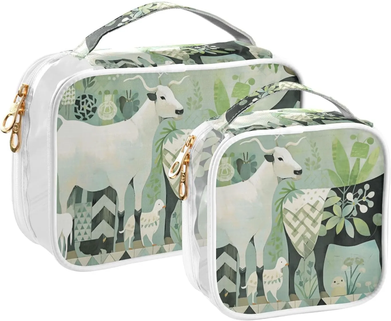 GAIGEO Collage Teal Plant Theme Sheep and Animals Travel Transparent Bag, Makeup Bag Plastic, Cosmetic Travel Accessories, 2 Pack
