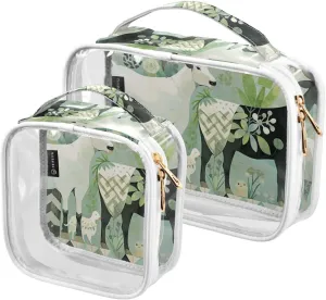 GAIGEO Collage Teal Plant Theme Sheep and Animals Travel Transparent Bag, Makeup Bag Plastic, Cosmetic Travel Accessories, 2 Pack