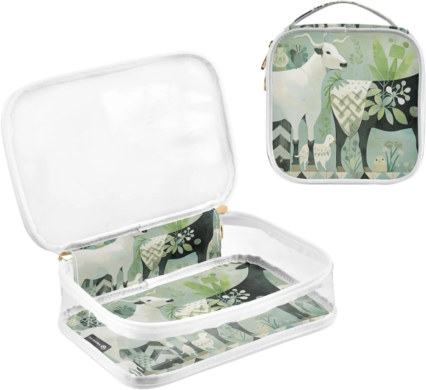 GAIGEO Collage Teal Plant Theme Sheep and Animals Travel Transparent Bag, Makeup Bag Plastic, Cosmetic Travel Accessories, 2 Pack