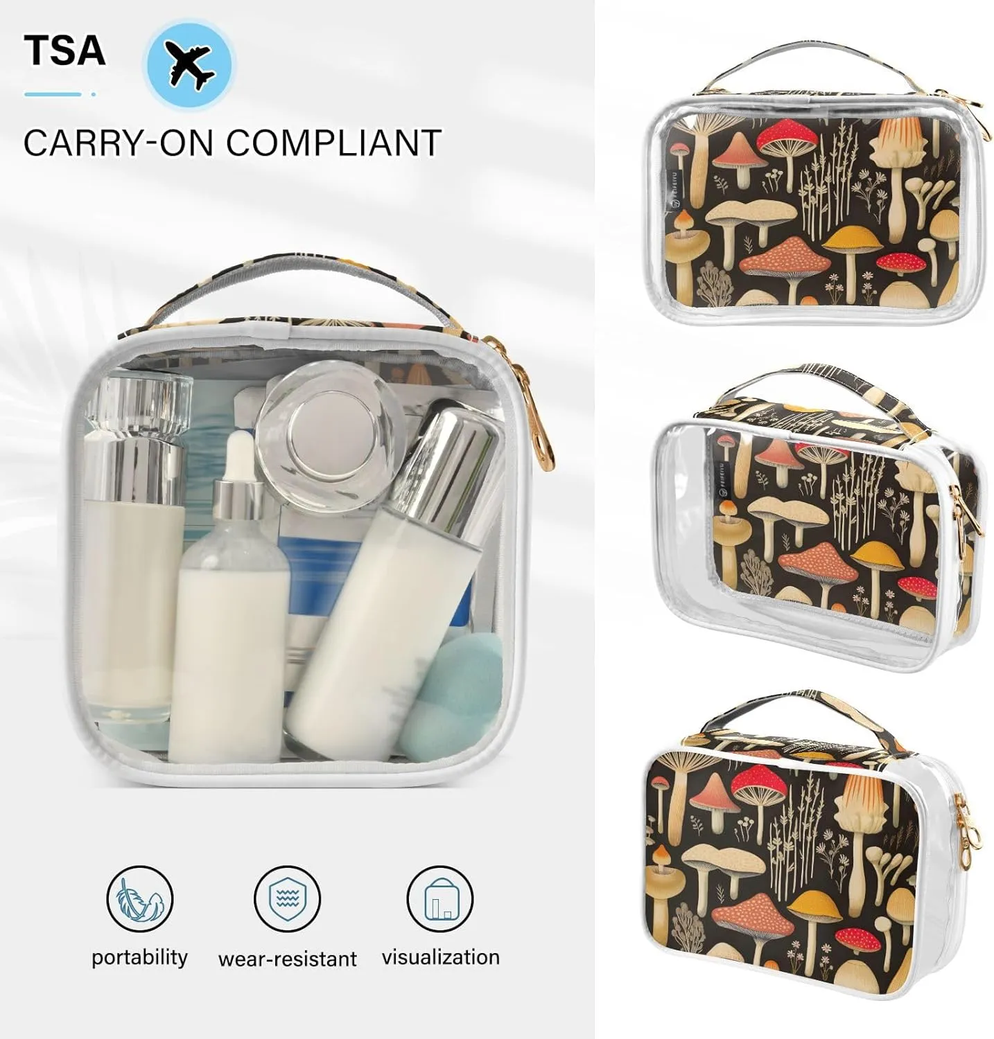 GAIGEO Colorful Forest Mushrooms Clear Cosmetic Bag Set, Plastic Make up Bag, Cosmetic Travel Accessories, 2 Pack