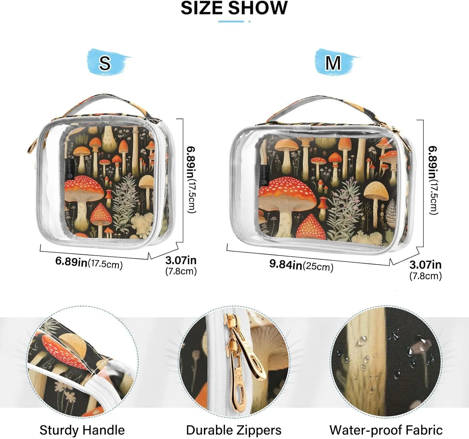 GAIGEO Colorful Forest Mushrooms Travel Transparent Bag, Clear Travel Tolietry Bag, Travel Accessories Bags, 2 Pack