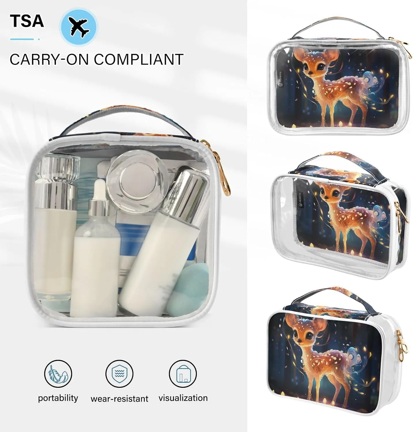 GAIGEO Deer Standing by a Glowing Light Makeup Travel Bag Clear, Toiletry Bag for Travel, Travel Toiletry Bag Women, 2 Pack