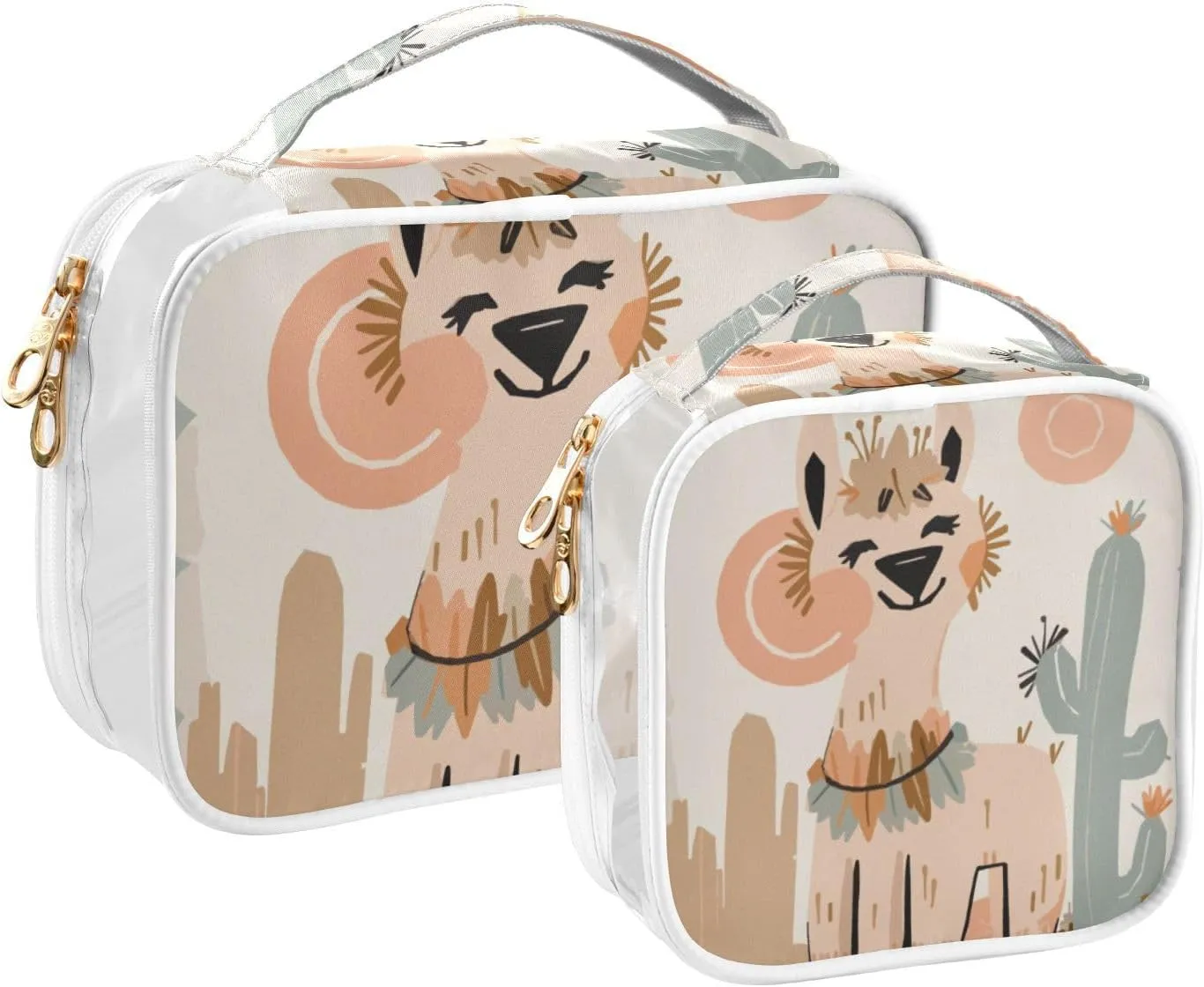 GAIGEO Desert Cactus Alpaca Beige Orange Travel Transparent Bag, Clear Bags with Zipper, Cosmetic Travel Accessories, 2 Pack