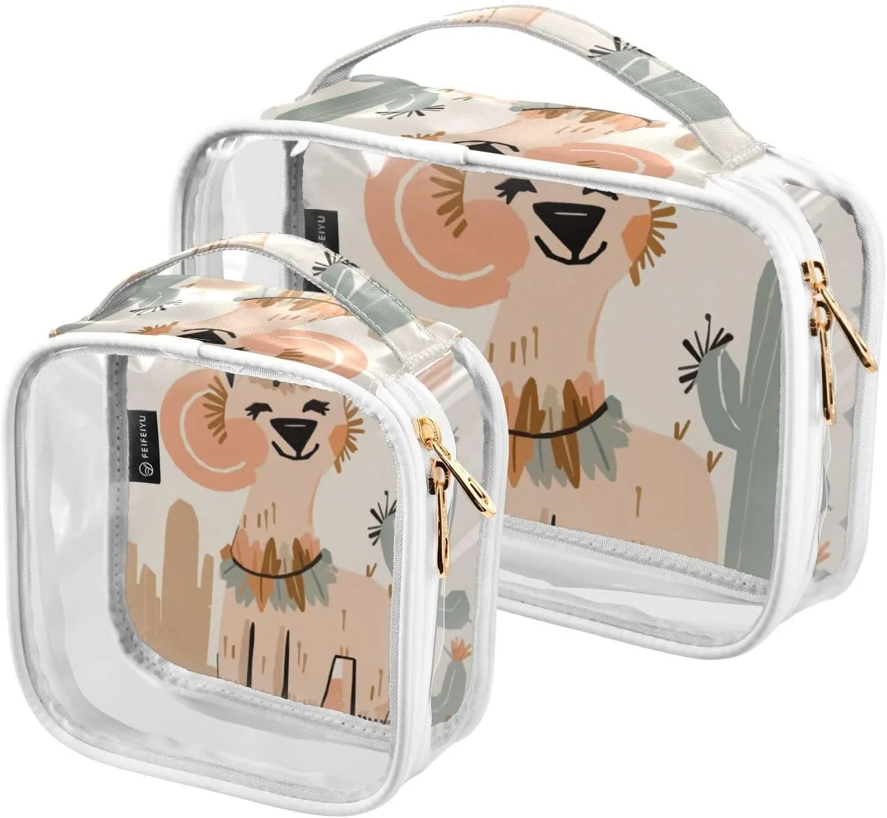 GAIGEO Desert Cactus Alpaca Beige Orange Travel Transparent Bag, Clear Bags with Zipper, Cosmetic Travel Accessories, 2 Pack