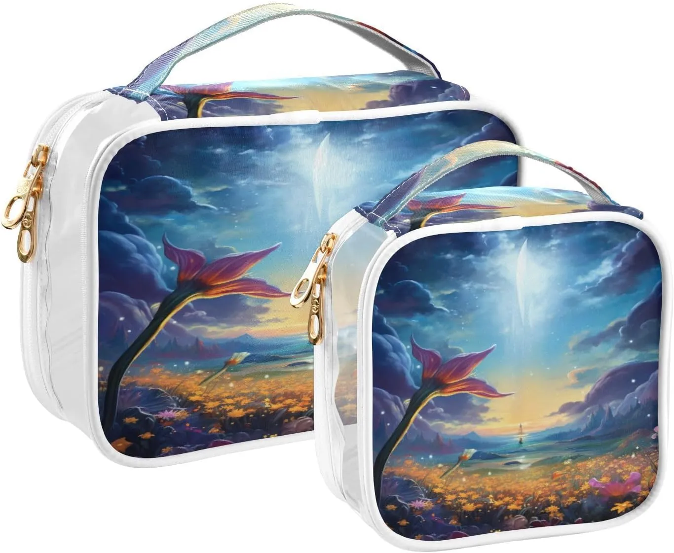 GAIGEO Fantasy World Flower Sea Clear Cosmetic Bag Set, Zippered Clear Makeup Bag, Travel Gifts for Women, 2 Pack