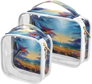 GAIGEO Fantasy World Flower Sea Clear Cosmetic Bag Set, Zippered Clear Makeup Bag, Travel Gifts for Women, 2 Pack