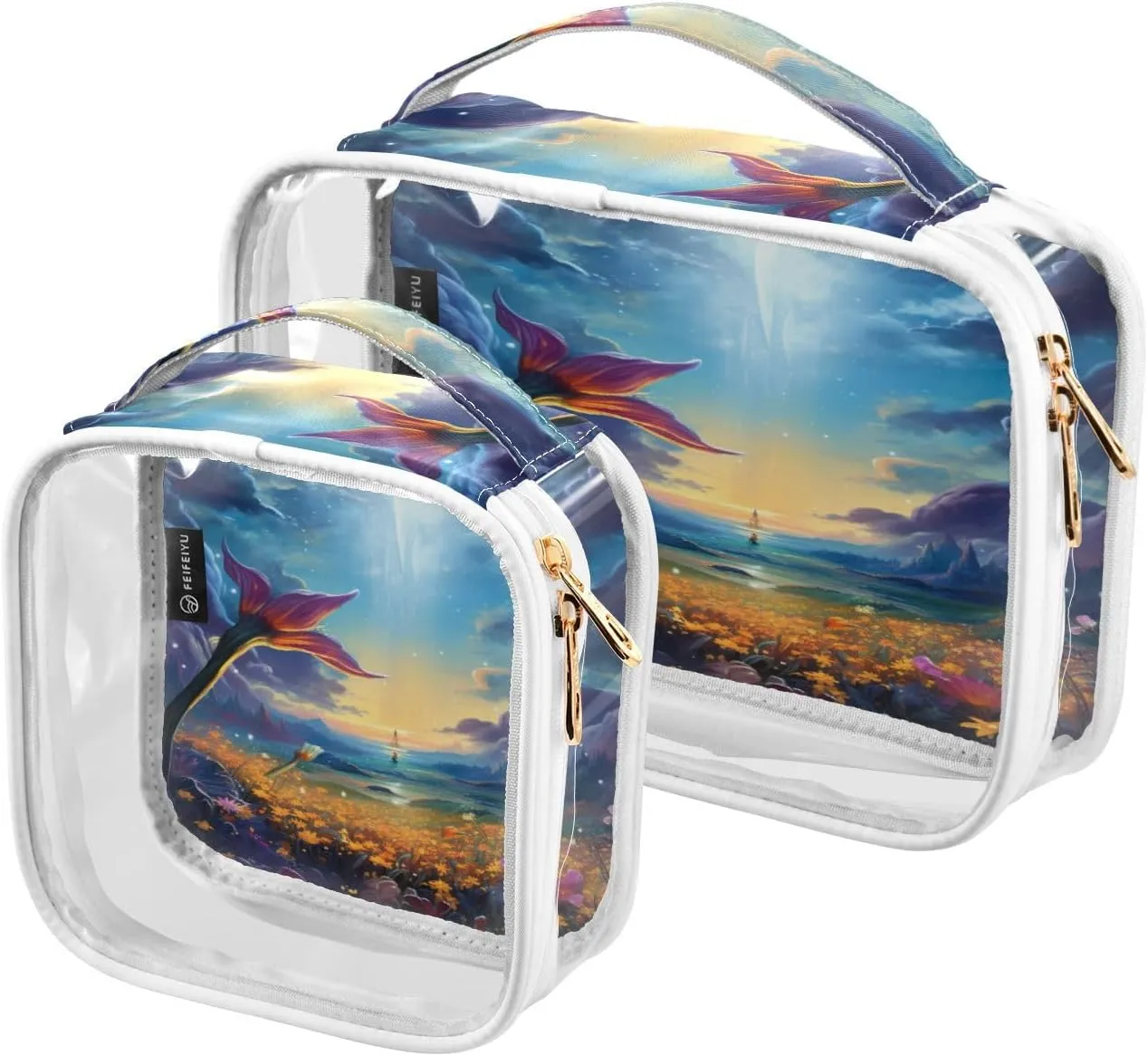 GAIGEO Fantasy World Flower Sea Clear Cosmetic Bag Set, Zippered Clear Makeup Bag, Travel Gifts for Women, 2 Pack