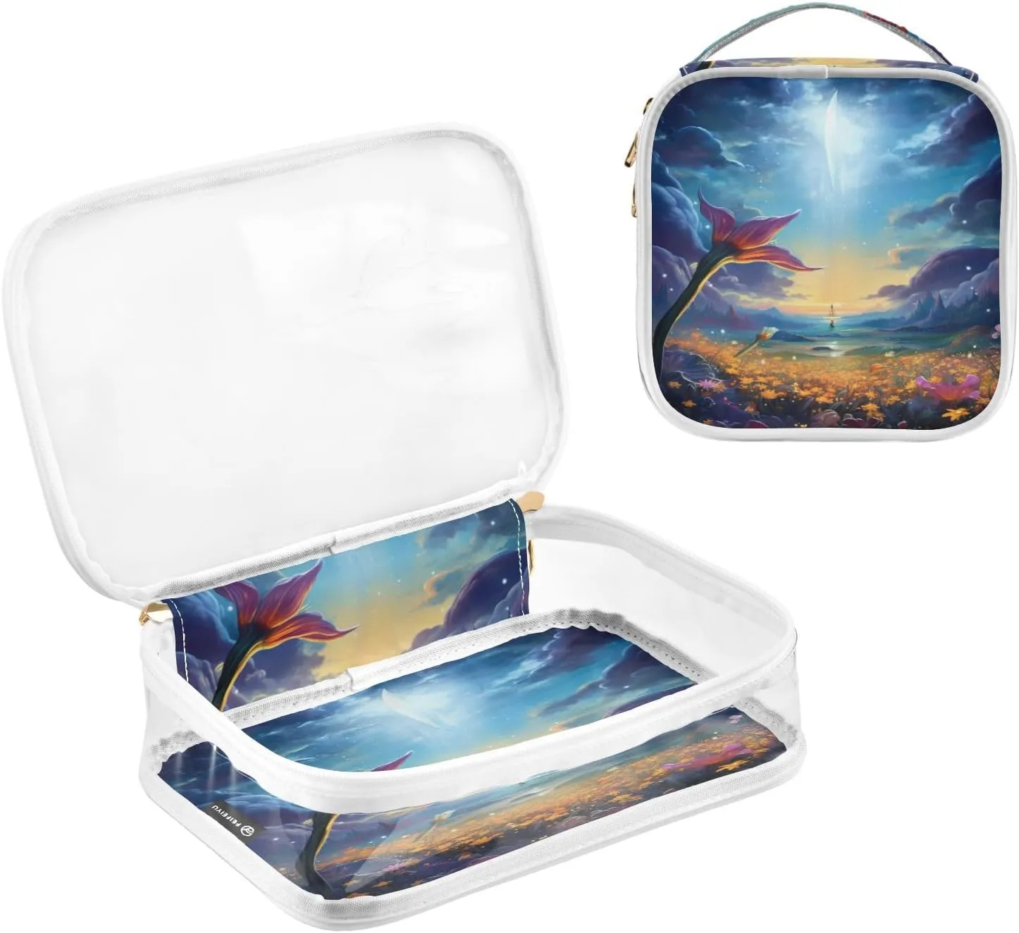 GAIGEO Fantasy World Flower Sea Clear Cosmetic Bag Set, Zippered Clear Makeup Bag, Travel Gifts for Women, 2 Pack