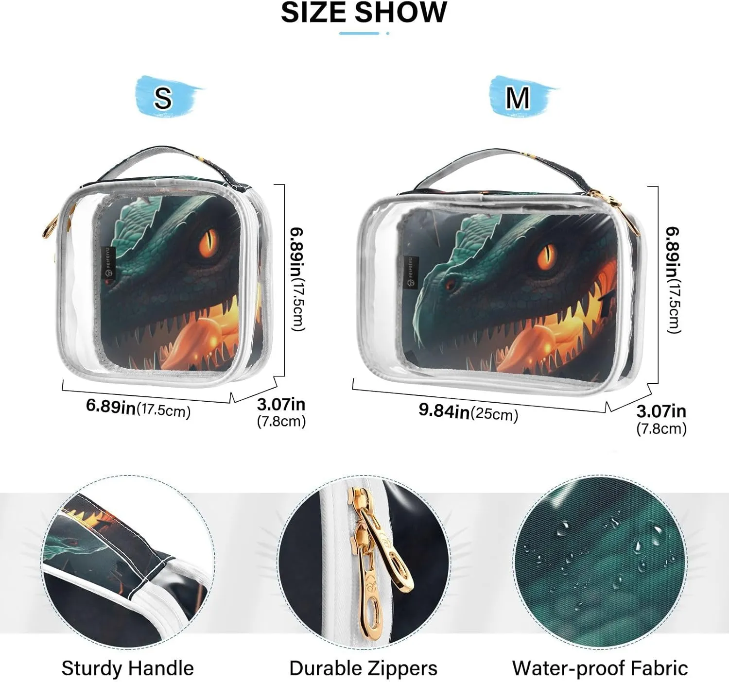 GAIGEO Ferocious Dinosaur in Black Wall Transparent Travel Bag for Toiletries, Makeup Bag for Car, Clear Makeup Bags for Women, 2 Pack