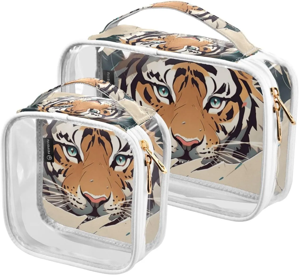 GAIGEO Ferocious Tig Behind Yellow Broken Wall Travel Transparent Bag, Cosmetic Bag with Handle, Cosmetic Travel Accessories, 2 Pack