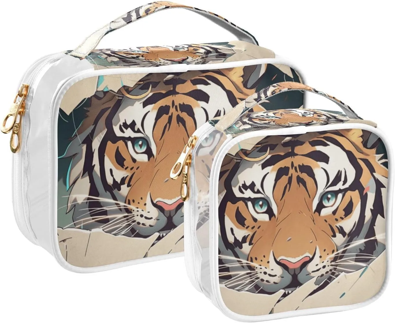 GAIGEO Ferocious Tig Behind Yellow Broken Wall Travel Transparent Bag, Cosmetic Bag with Handle, Cosmetic Travel Accessories, 2 Pack