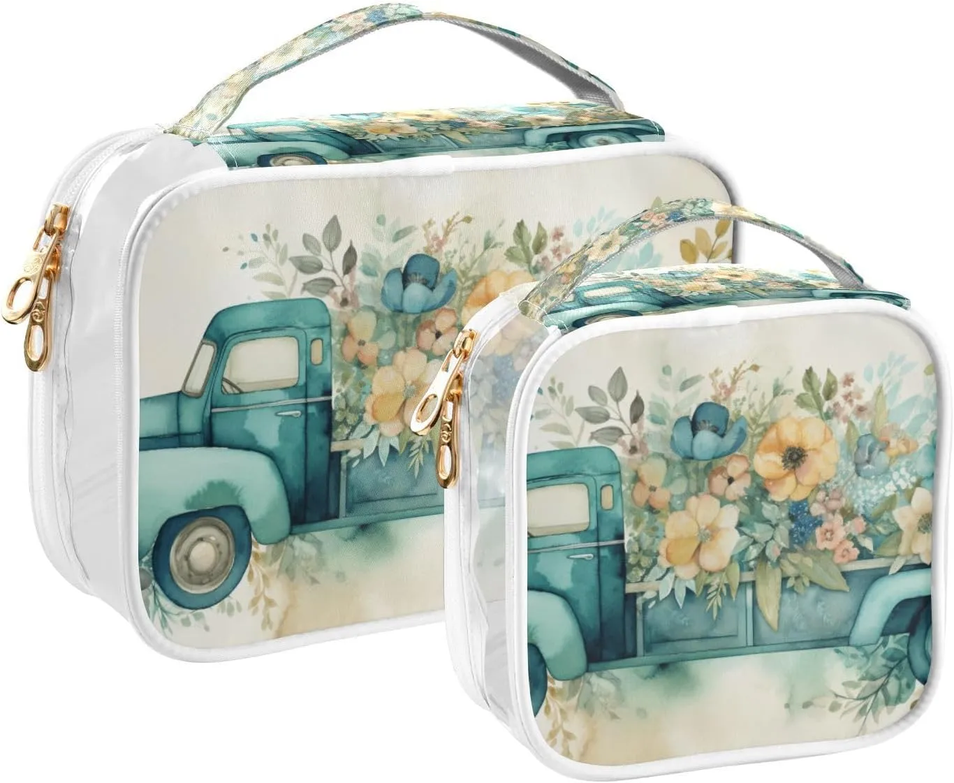 GAIGEO Ge Spring TruGreen Color Truck Flowers Clear Toiletry Bag Set, Tsa Approved Travel Toiletry Bag, Cosmetic Travel Accessories, 2 Pack