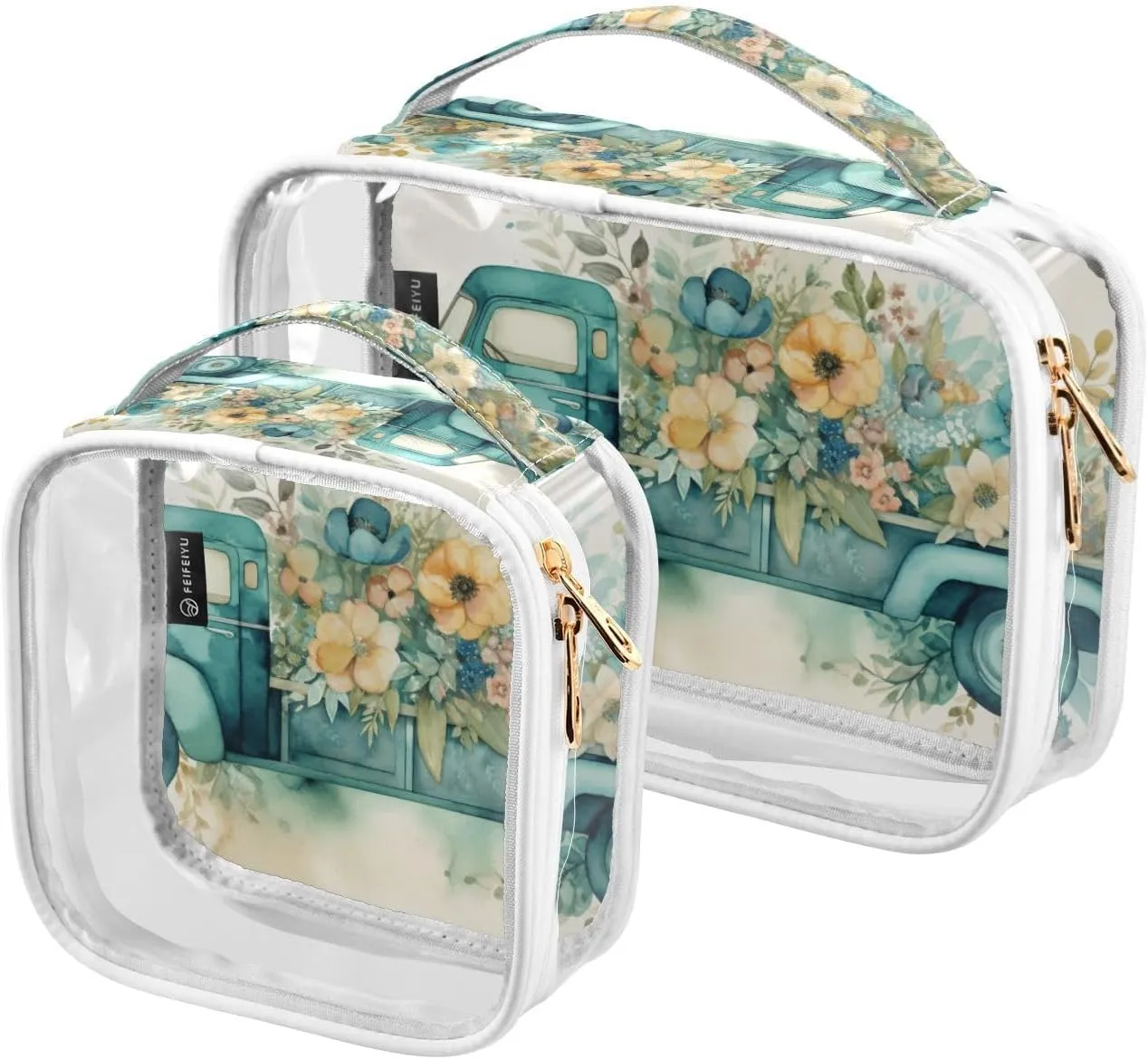 GAIGEO Ge Spring TruGreen Color Truck Flowers Clear Toiletry Bag Set, Tsa Approved Travel Toiletry Bag, Cosmetic Travel Accessories, 2 Pack
