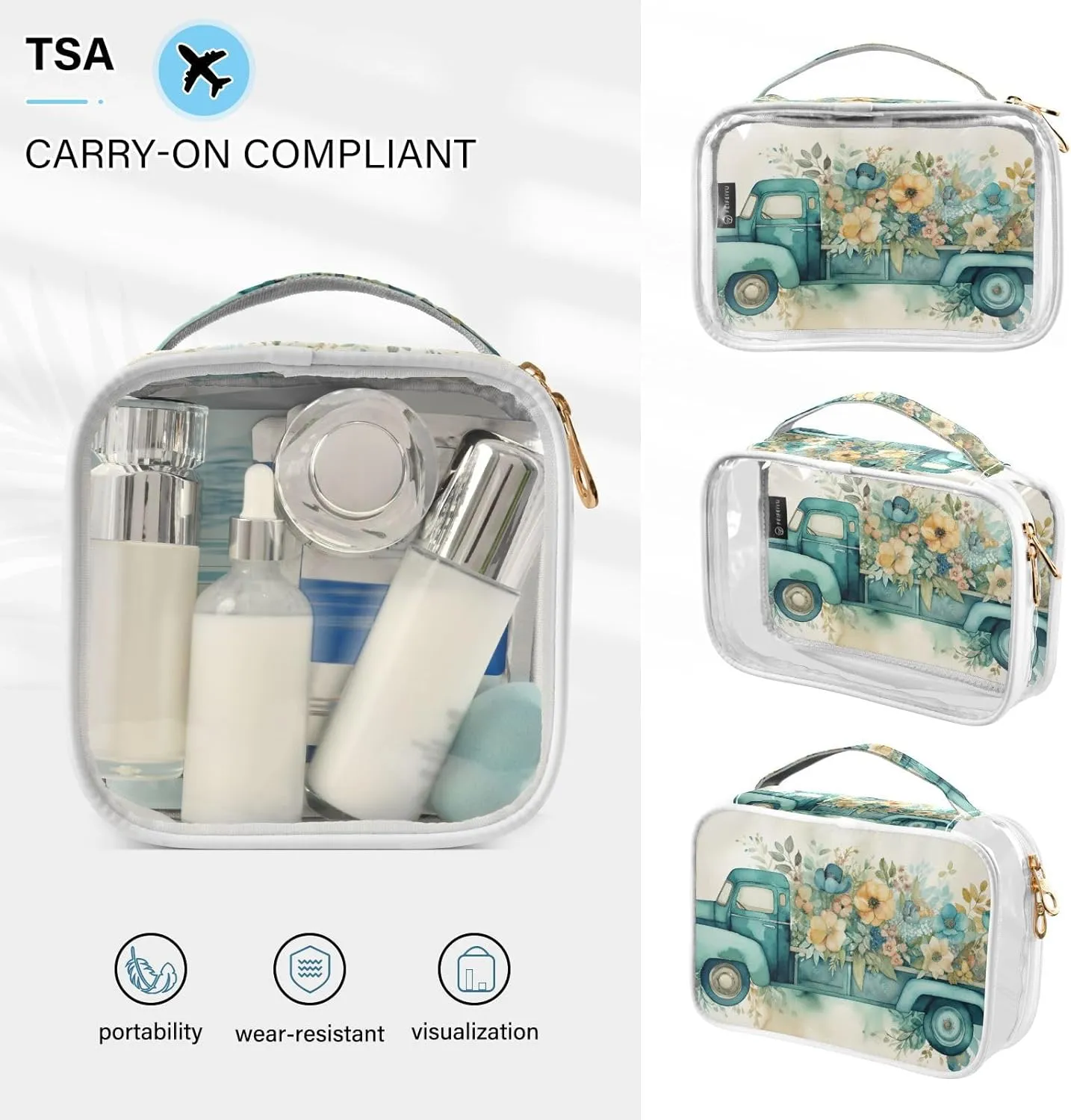 GAIGEO Ge Spring TruGreen Color Truck Flowers Clear Toiletry Bag Set, Tsa Approved Travel Toiletry Bag, Cosmetic Travel Accessories, 2 Pack