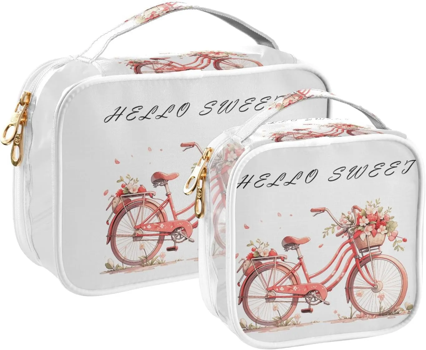 GAIGEO Hello Sweet Cherry Bike Double Zipper Cosmetic Bag, Car Toiletry Bag, Beauty Bags for Women Travel, 2 Pack