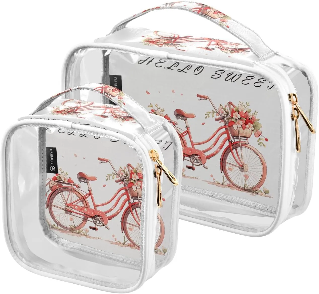 GAIGEO Hello Sweet Cherry Bike Double Zipper Cosmetic Bag, Car Toiletry Bag, Beauty Bags for Women Travel, 2 Pack