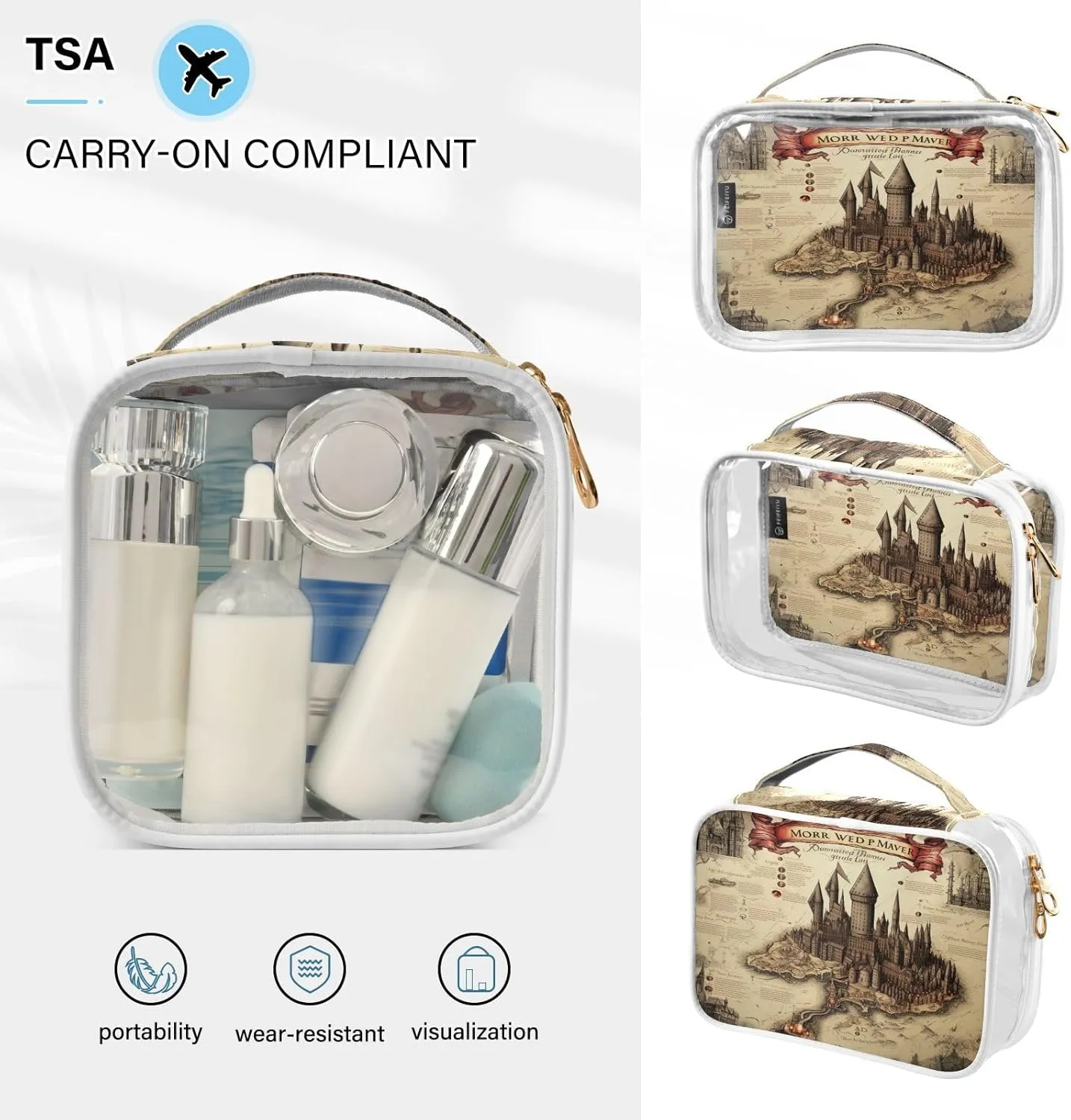 GAIGEO Masterful Castle Map Clear Makeup Bag Set, Makeup Travel Bag Clear, Men Toiletry Bag Clear, 2 Pack
