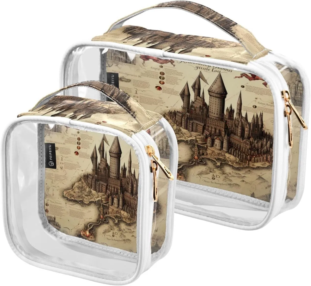 GAIGEO Masterful Castle Map Clear Makeup Bag Set, Makeup Travel Bag Clear, Men Toiletry Bag Clear, 2 Pack