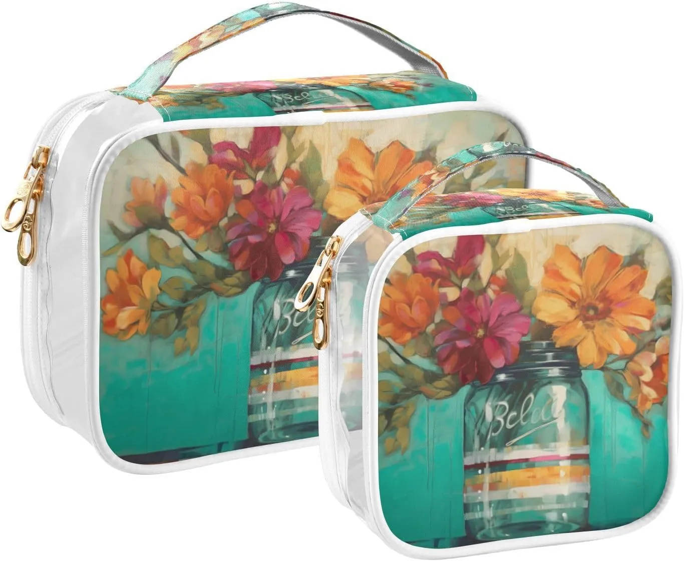 GAIGEO Oil Painting Vase Decoration Clear Makeup Bag Set, Cosmetic Bag Double Zipper, Womens Toiletries Bag, 2 Pack